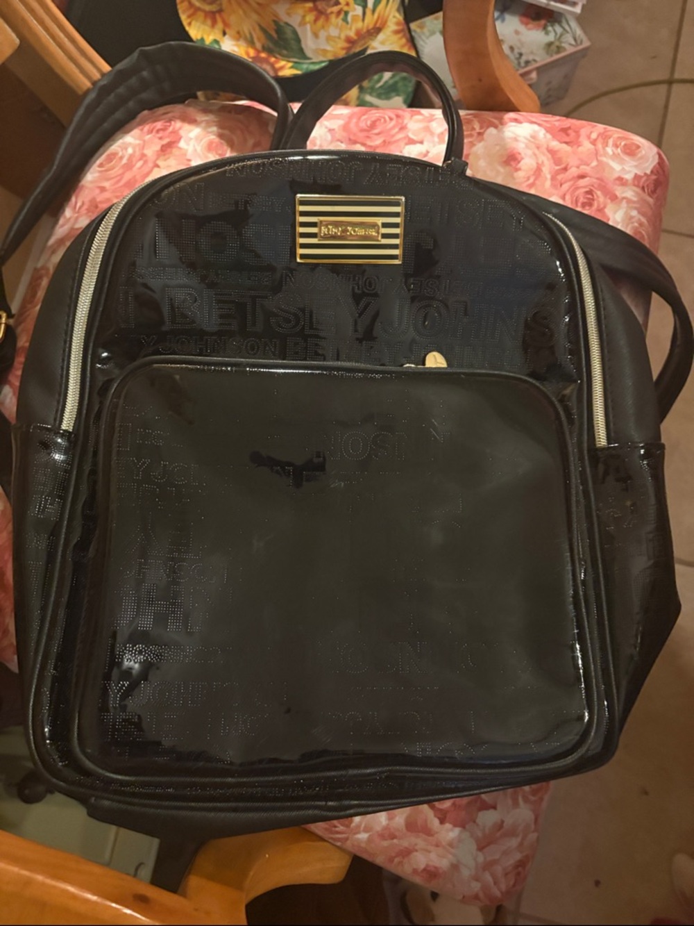 Betsey Johnson Black Patent Logo Backpack with Gold Plaque